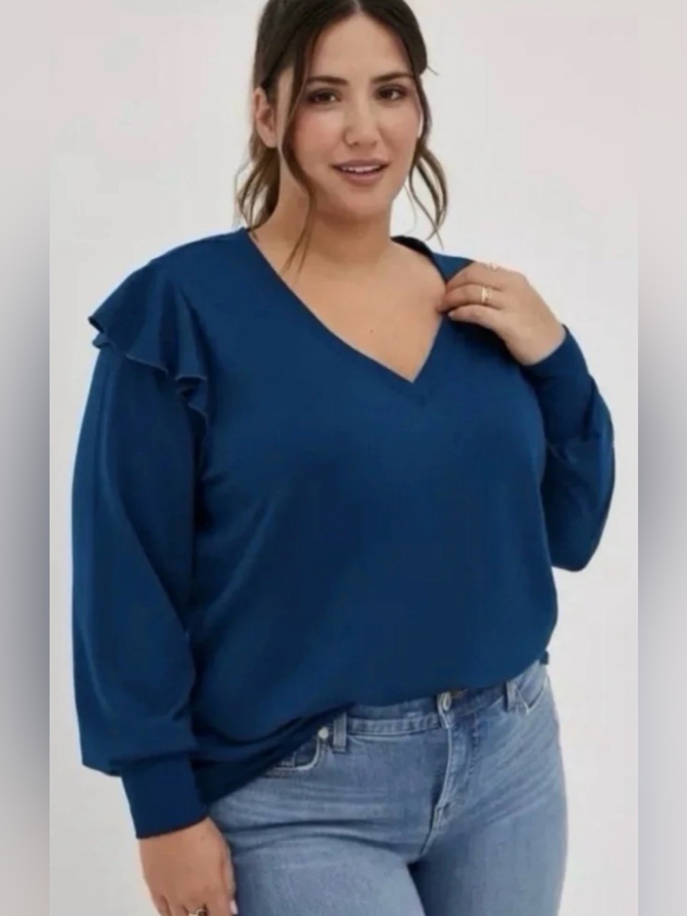 Torrid crewneck pullover sweater ruffle shoulder navy comfy cozy feminine 3X